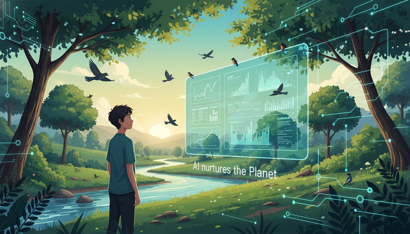 Ilustración de una persona plantando un árbol rodeada de aves, simbolizando armonía entre tecnología y naturaleza.
